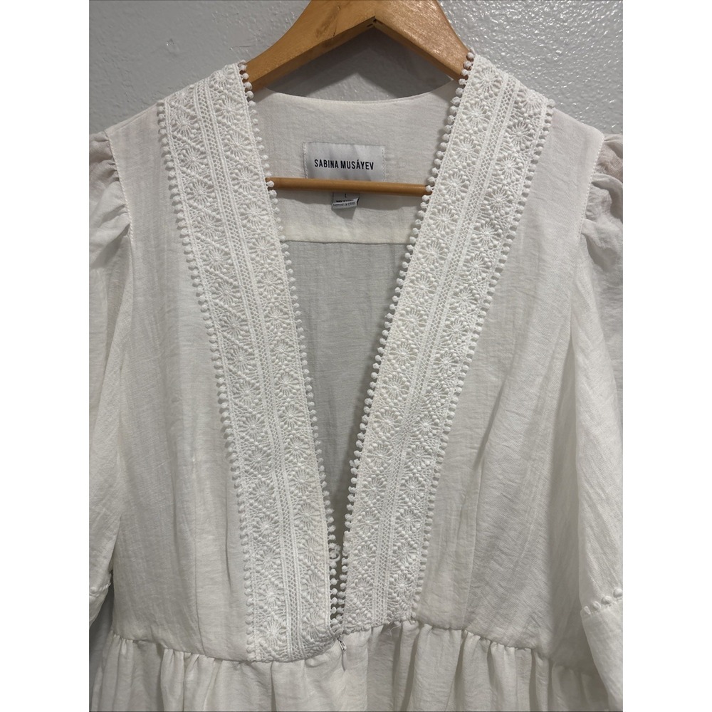 Sabina Musayev White Pom-Pom Crochet Trim Ruffle Tiered Mini Dress V-Neck Size L - Picture 2 of 16